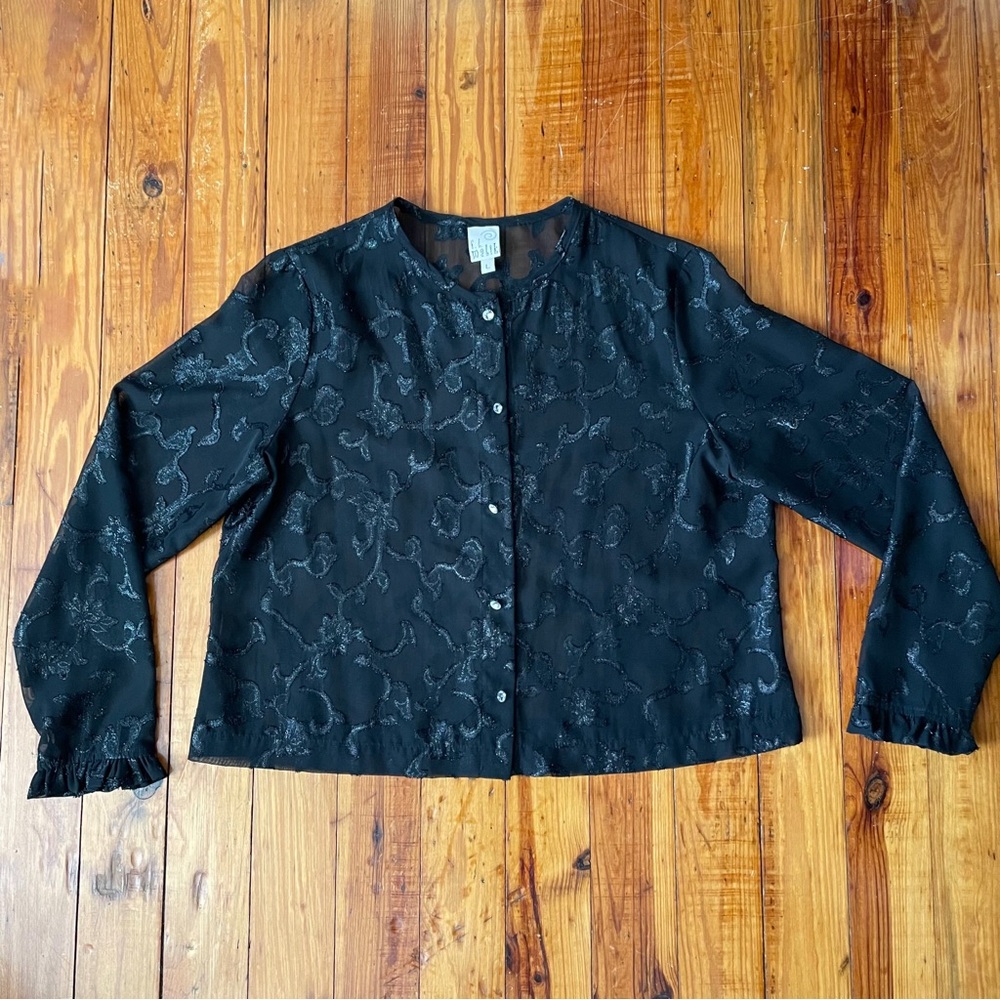 80s F.L. Malik Vintage Black Floral Sheer Blouse